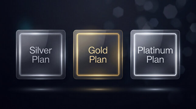 Pricing plans comparison ui card template with silver gold and platinum options on dark background