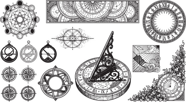 Collection of vintage navigation and astronomical tools featuring compasses, sundials, astrolabes, and celestial charts in line style