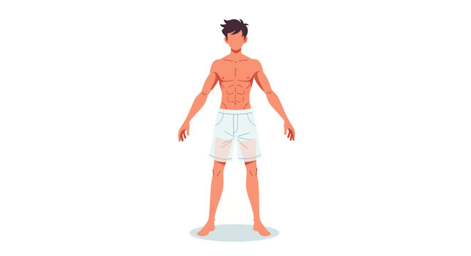 Cartoon illustration of a shirtless man standing in white shorts, viewed from front.