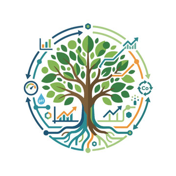 A circular graphic showing a tree with digital data elements