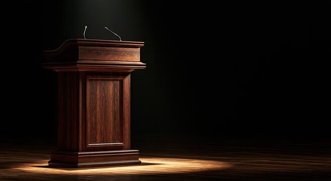 Polished wood podium with two microphones stands under dramatic spotlight