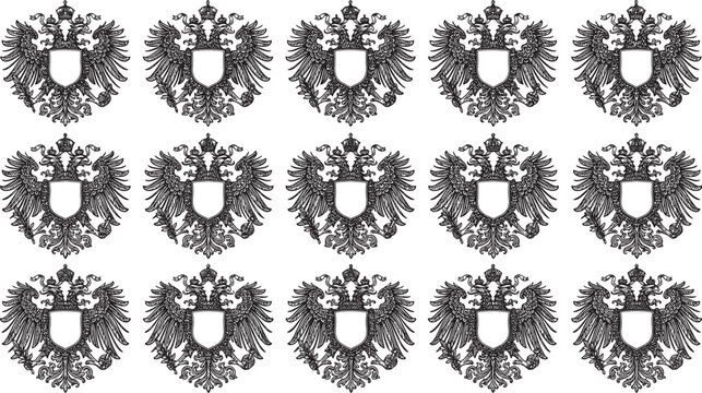 Grid of fifteen double headed eagle heraldic crests with empty shields in a black and white vintage engraving style on white background