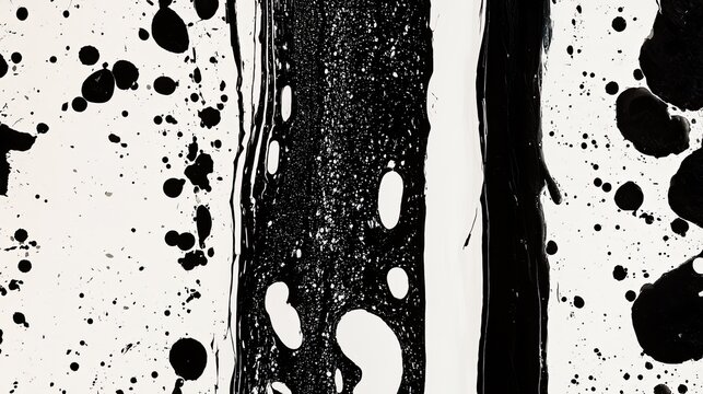 Abstract splatter and drips of black paint on white canvas