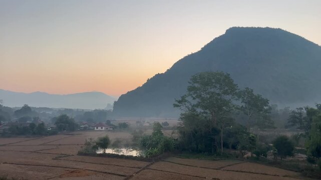 Beautiful views from hot air balloon, morning ride in Laos, Vang Vieng