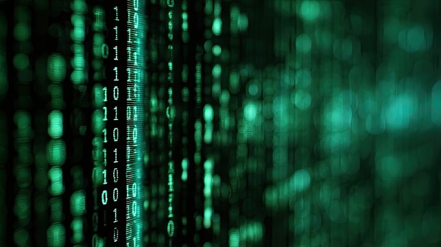 Digital cascade of glowing green binary code streams, abstract data flow