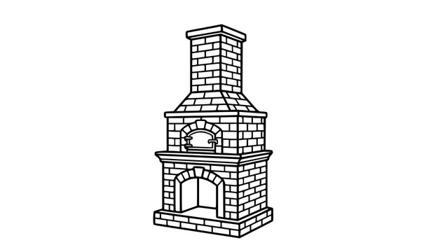 A simple black and white line drawing of a traditional brick outdoor fireplace with a chimney stack