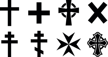 Fototapeta premium Religious Cross Silhouette Collection with Celtic Orthodox Maltese and Saint Andrew Crucifix Icons for Church History Graphic Layouts and Tattoo Designs