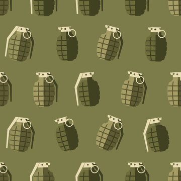 Repeating pattern of olive green hand grenades on dark