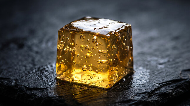 Close-up of a single golden jelly cube with bubbles, glistening under studio light on a dark textured surface.