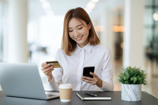 Smiling young woman making secure online payment with smartphone and credit card