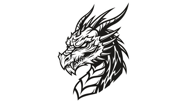 Monochrome dragon head illustration with bold linework and mythical design.