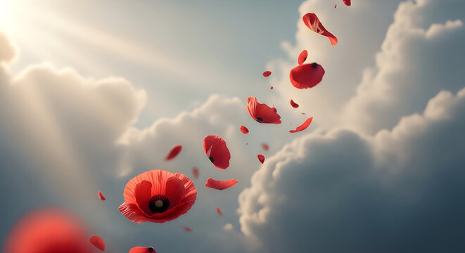 Floating red poppy petals against cloudy sky remembrance day concept