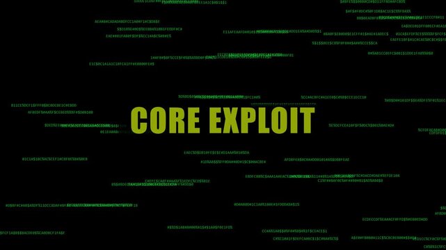 Core exploit digital security concept with floating green binary code and cyber attack warning text animation 4k