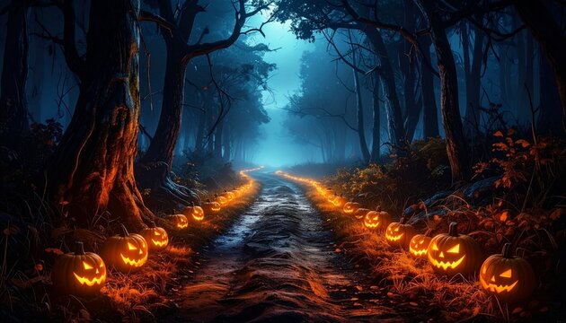 Spooky forest path lined with glowing jack-o'-lanterns on Halloween night