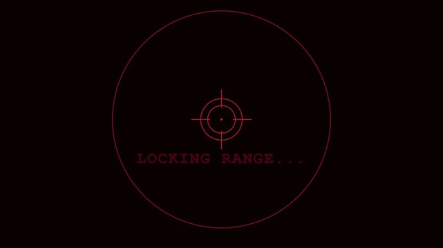 Digital targeting system hud overlay with locking range text and red crosshair reticle animation 4k interface
