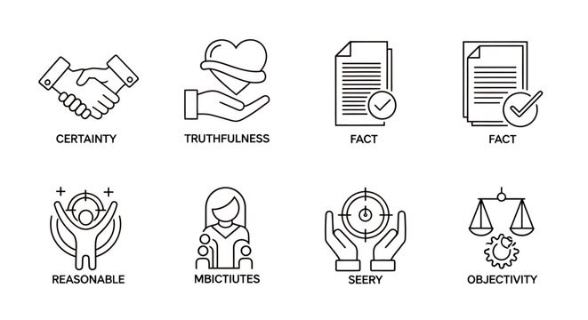 Set of neutral icons representing truth, integrity, objectivity, and reliability in ethical communication and visual symbolism.