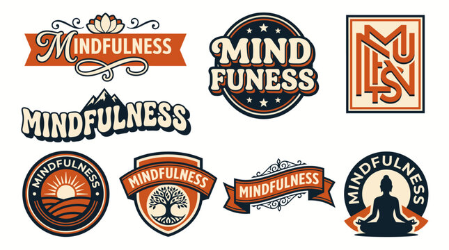 Explore this vibrant collection of mindfulness logos featuring peaceful elements like mountains, trees, and meditation symbols that inspire calmness and self-awareness.