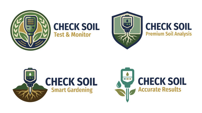 A selection of logos aimed at promoting soil testing services, integrating gardening elements and emphasizing quality analysis for better plant growth and smart gardening practices.