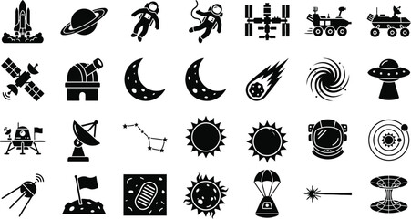Space Exploration Icons Black Silhouettes On White Background © Abu