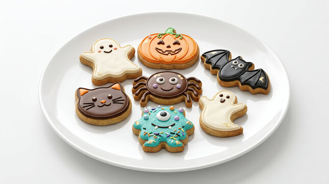 Assorted Halloween themed sugar cookies decorated with royal icing in shapes of ghost pumpkin bat spider and monster