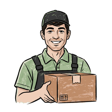 Friendly delivery man holding a parcel box in cartoon illustration style. EPS Editable