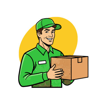 Friendly delivery man holding a parcel box cartoon illustration. EPS Editable
