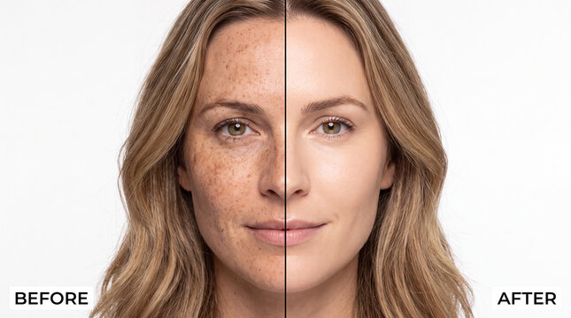 Caucasian woman portrait showing before and after laser or cosmetic treatment for face freckles and melasma