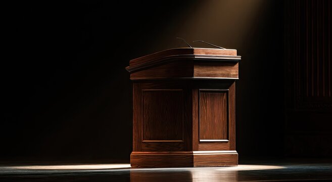Polished wood lectern illuminated by spotlight in dark room
