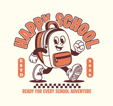 Vintage back to school backpack cartoon mascot with happy school typography, perfect for t shirt designs, stickers, apparel, posters, and educational projects