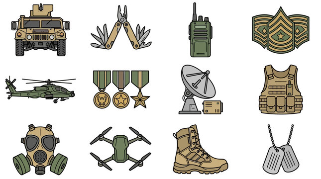 Tactical military hardware icons showcase armored vehicles, communication devices, and infantry medals designed with detailed coloring for modern defense industry presentations.