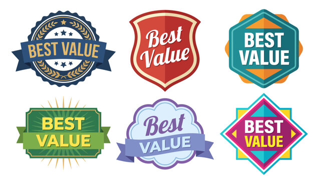 A diverse selection of stylish best value badges that reflect quality and reliability for consumers, showcasing design creativity through a modern perspective that appeals to shoppers.