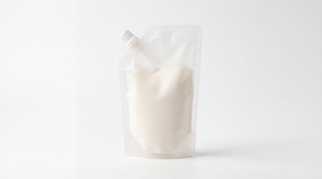 Blank spout pouch packaging template with white liquid content isolated on white background