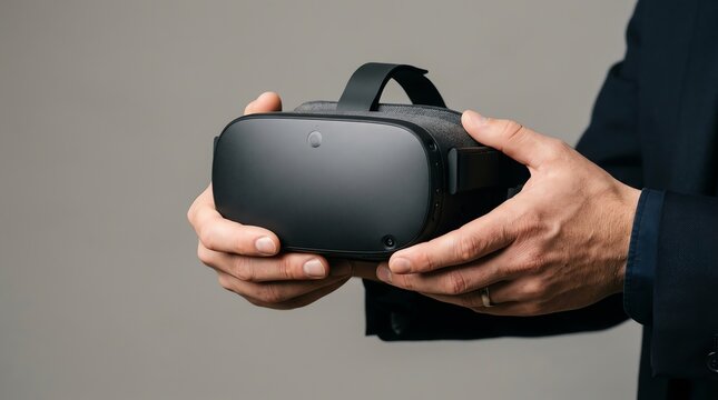 Close Up of Businessman Holding Black Virtual Reality Headset