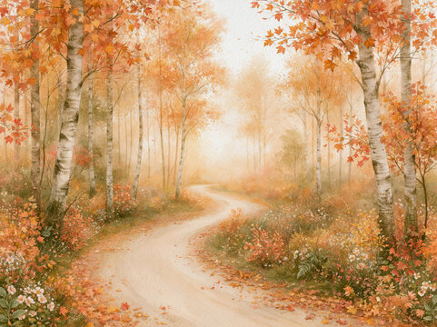 A peaceful autumn forest path painted in soft watercolor tones.