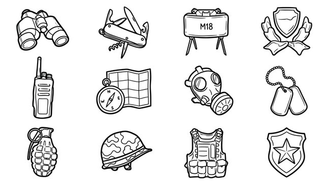 Tactical icons represent a variety of military defense items including landmines, badges, compasses, and protective vests in a line art style.