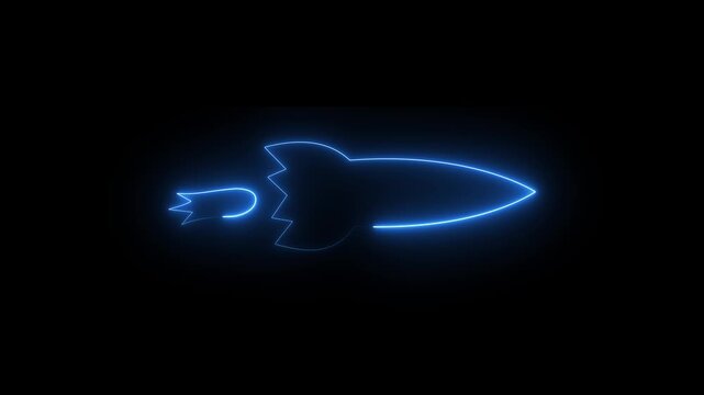 Neon blue rocket ship icon flying in outer space
