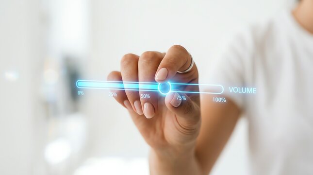 Digital audio volume slider interface with futuristic glowing blue touch control and user hand interaction