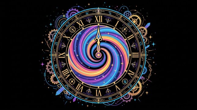 Glowing time portal clock. Abstract cosmic vortex with mechanical gears and space energy.