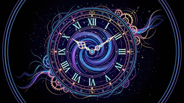 Glowing time portal with clock face. Abstract space vortex showing cosmic passage of time.