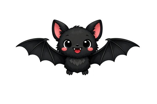Cute cartoon bat with big eyes and wings, smiling against white background.