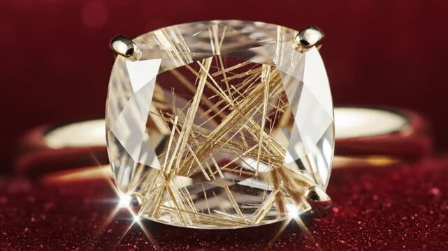 Close-up of a sparkling engagement ring with a transparent gemstone encasing golden threads set on a red velvet surface.