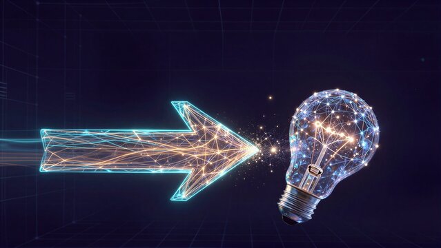 A glowing arrow points to a light bulb, symbolizing innovation and forward progress.