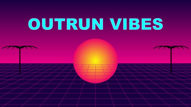 Outrun vibes retro synthwave aesthetic animation 4k background, with glowing sun, and palm trees