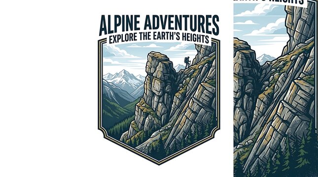 Vintage mountain hiking badge with hiker and rugged alpine peaks
