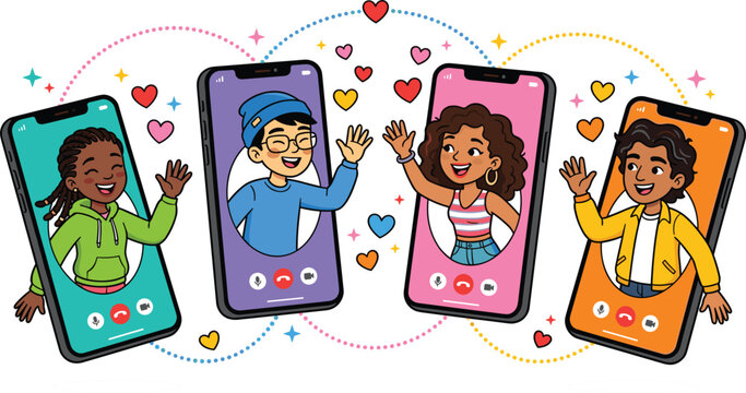 Diverse young group of friends connecting online through video call screens on smartphones waving hello with hearts and cartoon vector illustration.