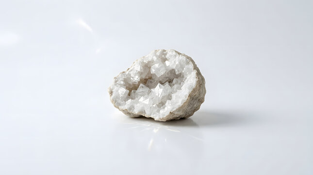Close up of a raw white crystal geode on a white background.