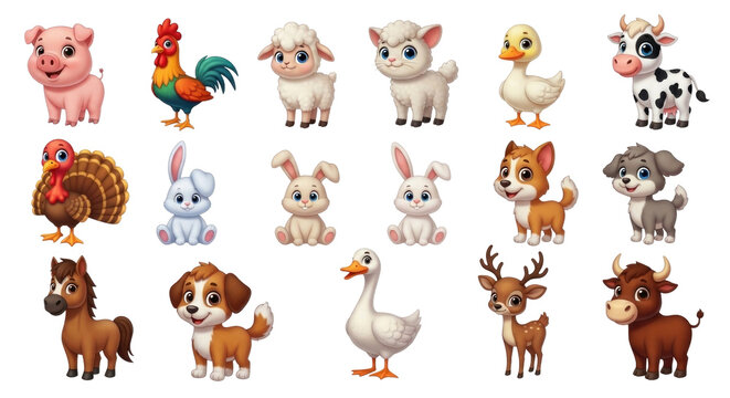 Cute farm animals collection. Cartoon style livestock characters Cutout PNG