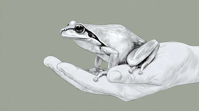 Hand Holding Thin Line Drawing of Frog on Soft Background