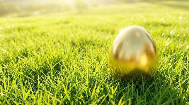 Luxury and Symbolic 3D Rendered Golden Egg Resting on Lush Green Grass Illuminated by Beautiful Sunny Daylight Representing the Concepts of Easter Spring Holidays Wealth Prosperity and New Beginnings