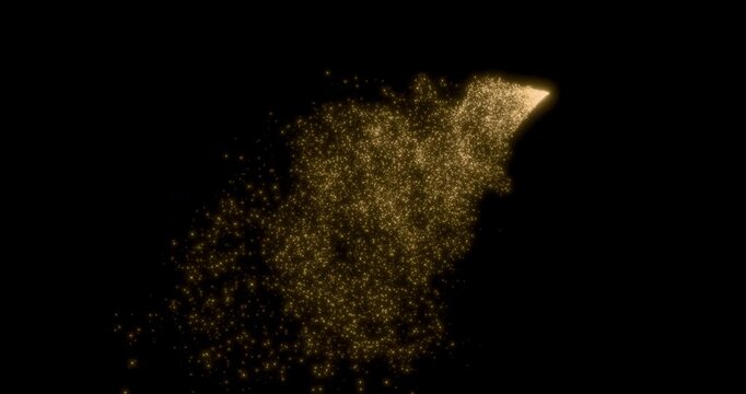 Glittering gold particle trails flying in black background. Sparkling light streaks glow dust effect. 4K 3D rendering animation.